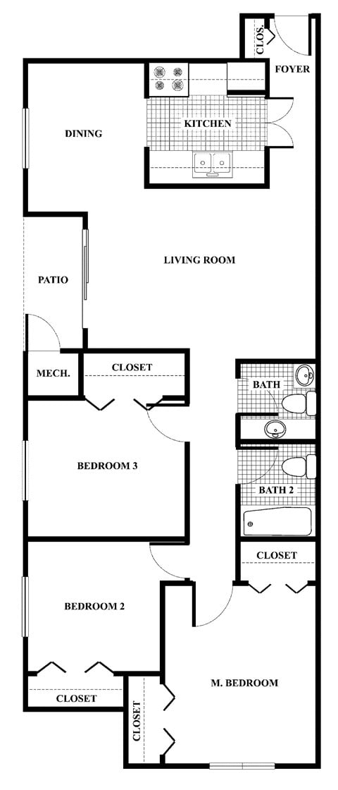 Floor plan for 3 beds, 1.5 baths, 950 sqft